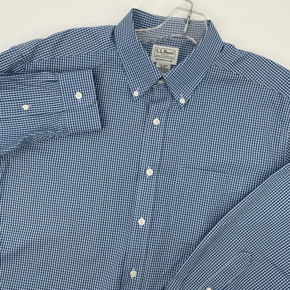 L.L. Bean Blue Gingham Button Down Shirt Men 16-33 Traditional Fit Cotton Office